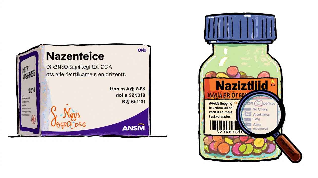 Comparaison visuelle d&#039;un emballage légal de Nizatidine et d&#039;une contrefaçon dangereuse avec étiquette erronée.