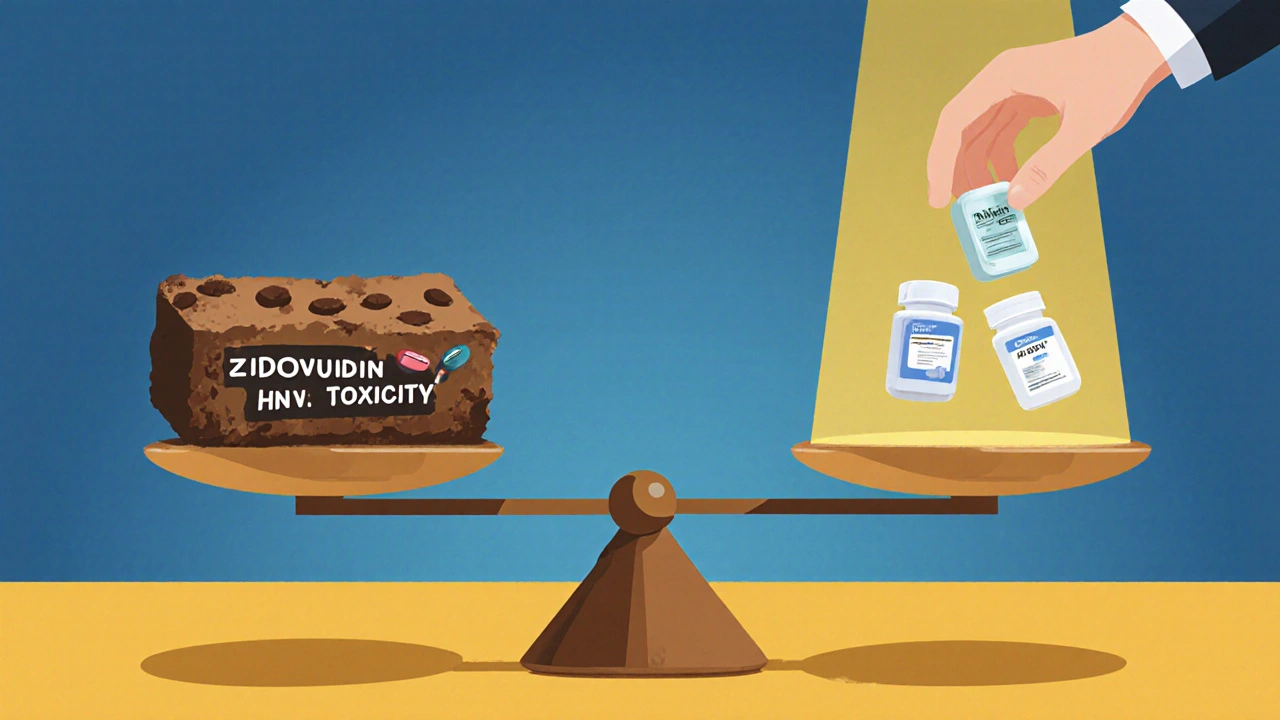 Balançoire médicale où la toxicité du zidovudine pèse lourd contre trois comprimés modernes légers en lumière dorée.