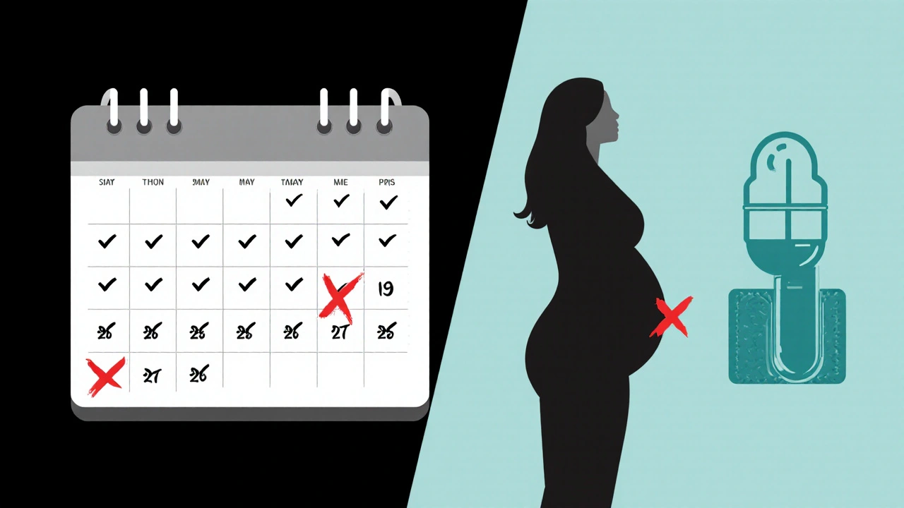 Calendrier de suivi avec marqueurs mensuels, symbole de grossesse barré et rappel de contraception.