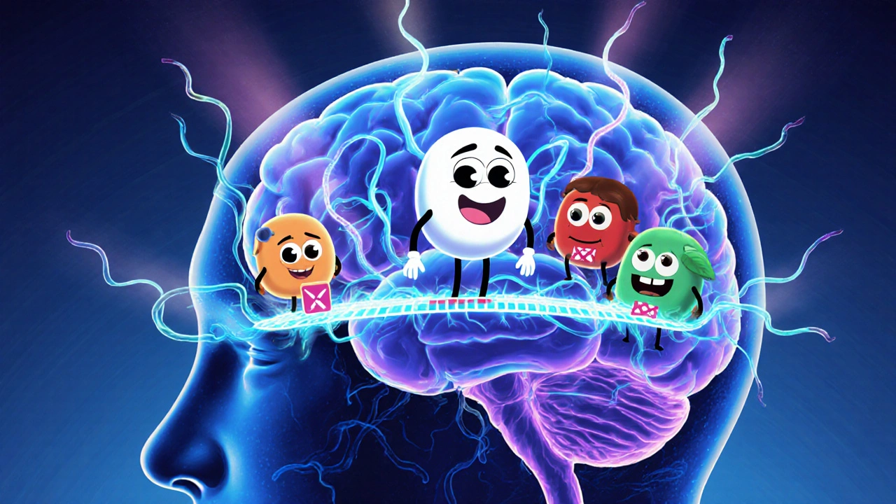 Cerveau cartoon montrant la sérotonine bloquée par le Paroxetine parmi d’autres antidépresseurs.