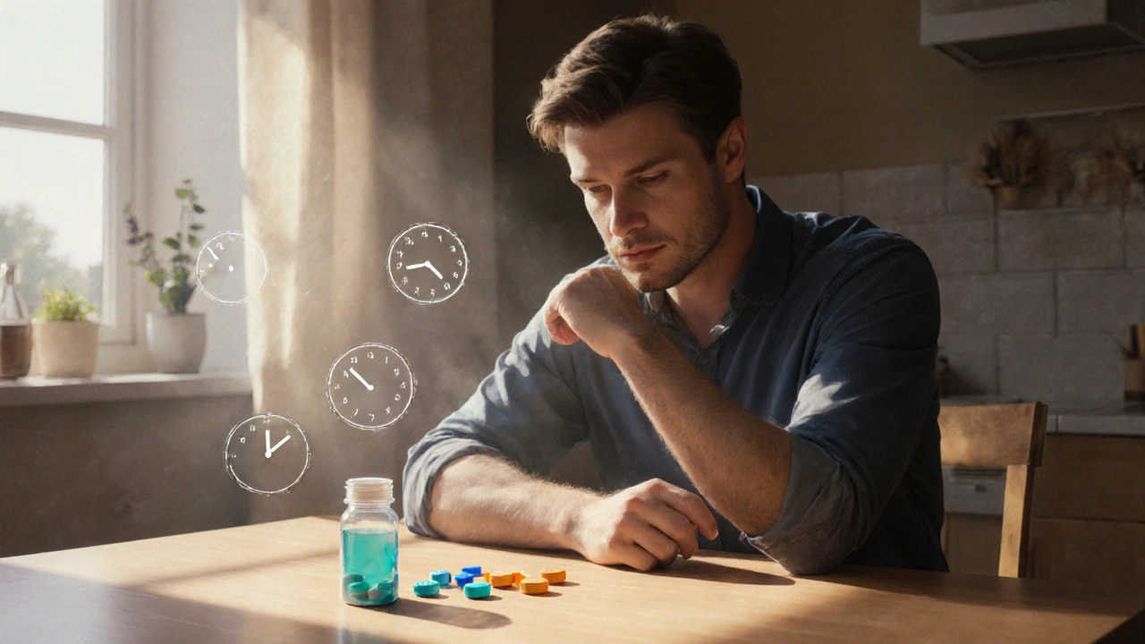 Homme contemplatif à la table du petit‑déjeuner, avec des pilules colorées et des halos d’horloge.