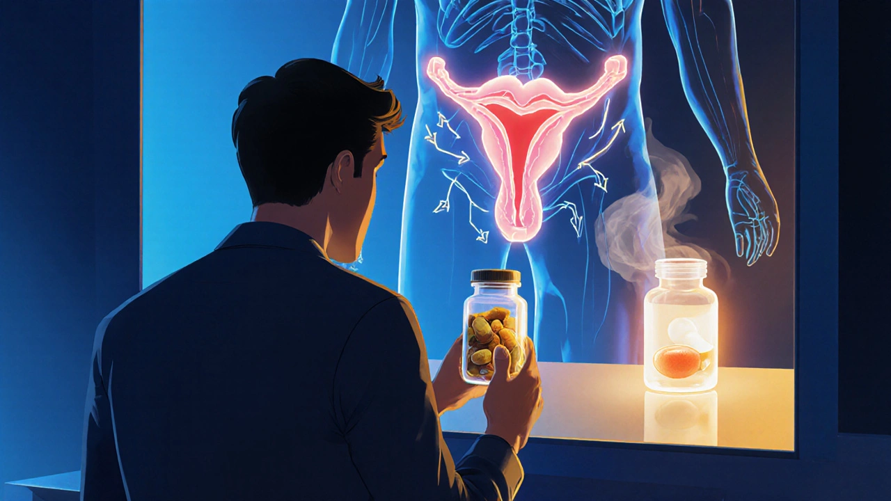 Homme regardant un miroir avec des compléments naturels qui s'évaporent, tandis qu'un schéma médical montre l'action du tadalafil.