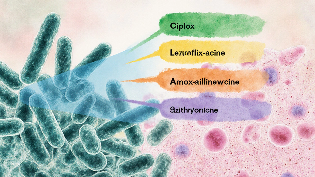 Illustration aquarelle de bactéries Gram‑négatif et Gram‑positif avec zones de couverture d'antibiotiques.