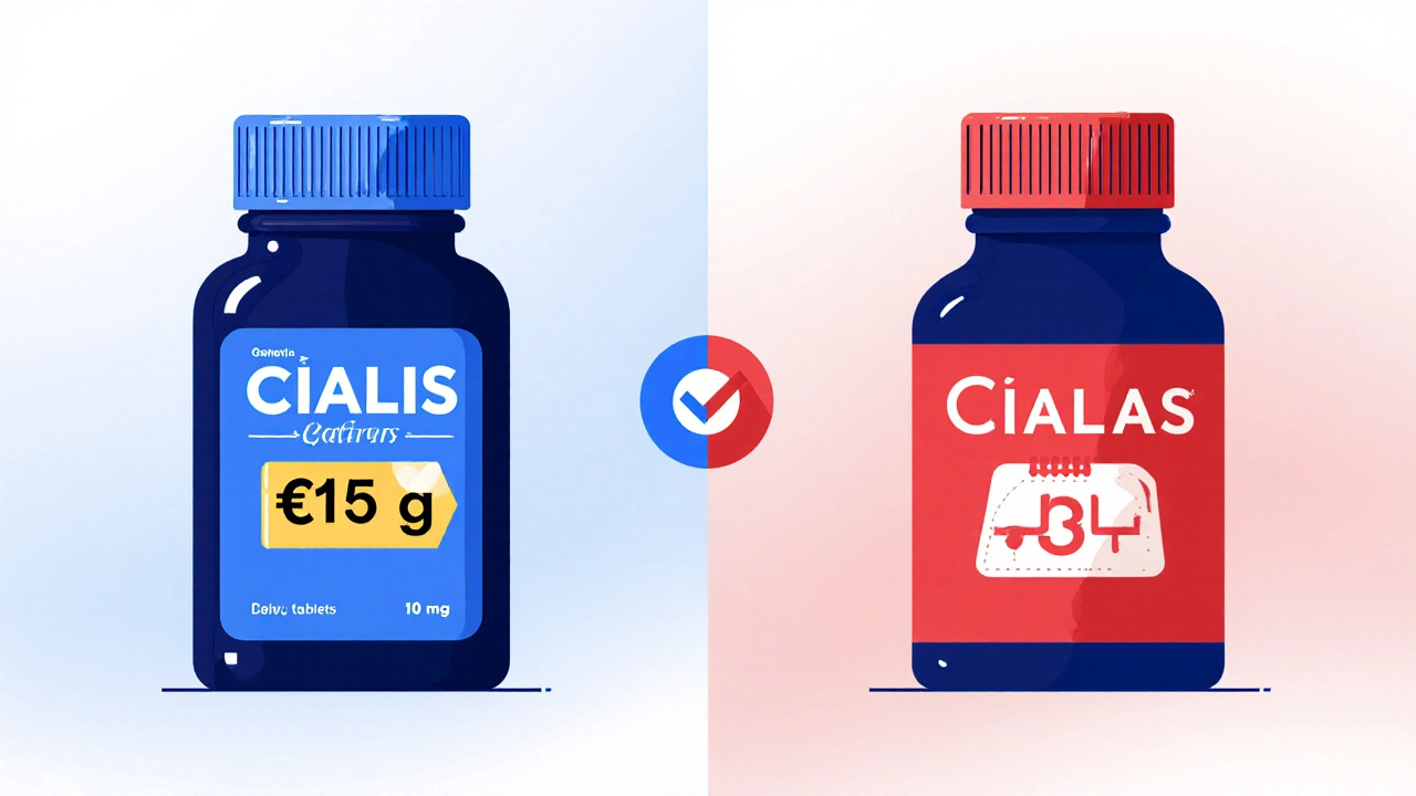 Illustration comparant visuellement un flacon de Cialis générique et un flacon de marque avec leurs prix respectifs.