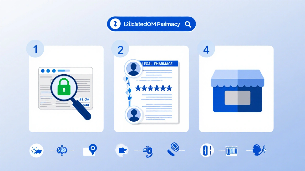 Infographie en style plat montrant une checklist de vérification d'une pharmacie en ligne fiable.