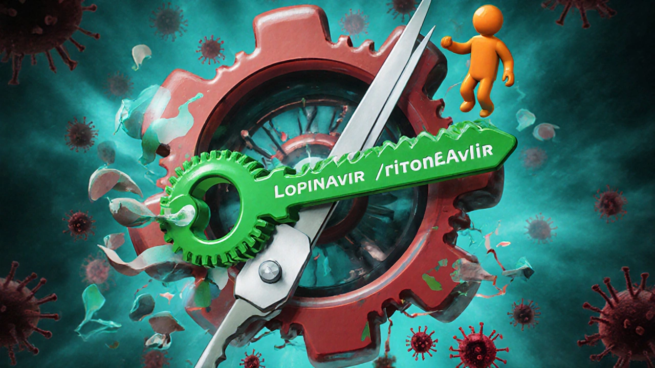 Lopinavir bloque la protéase HIV, empêchant la coupe des protéines virales dans un virion stylisé.