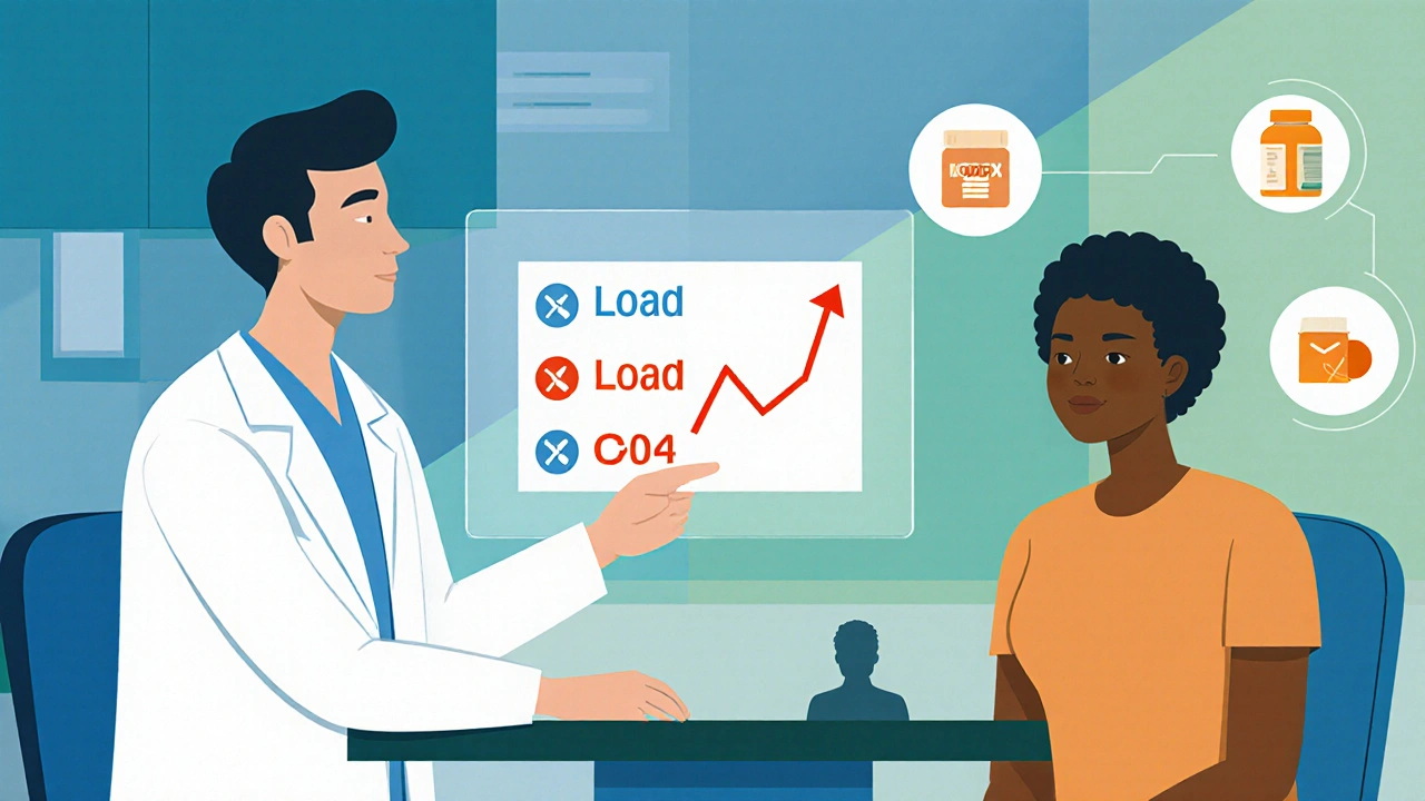 Médecin et patient consultent des graphiques de charge virale et CD4, avec silhouettes de médicaments alternatifs.