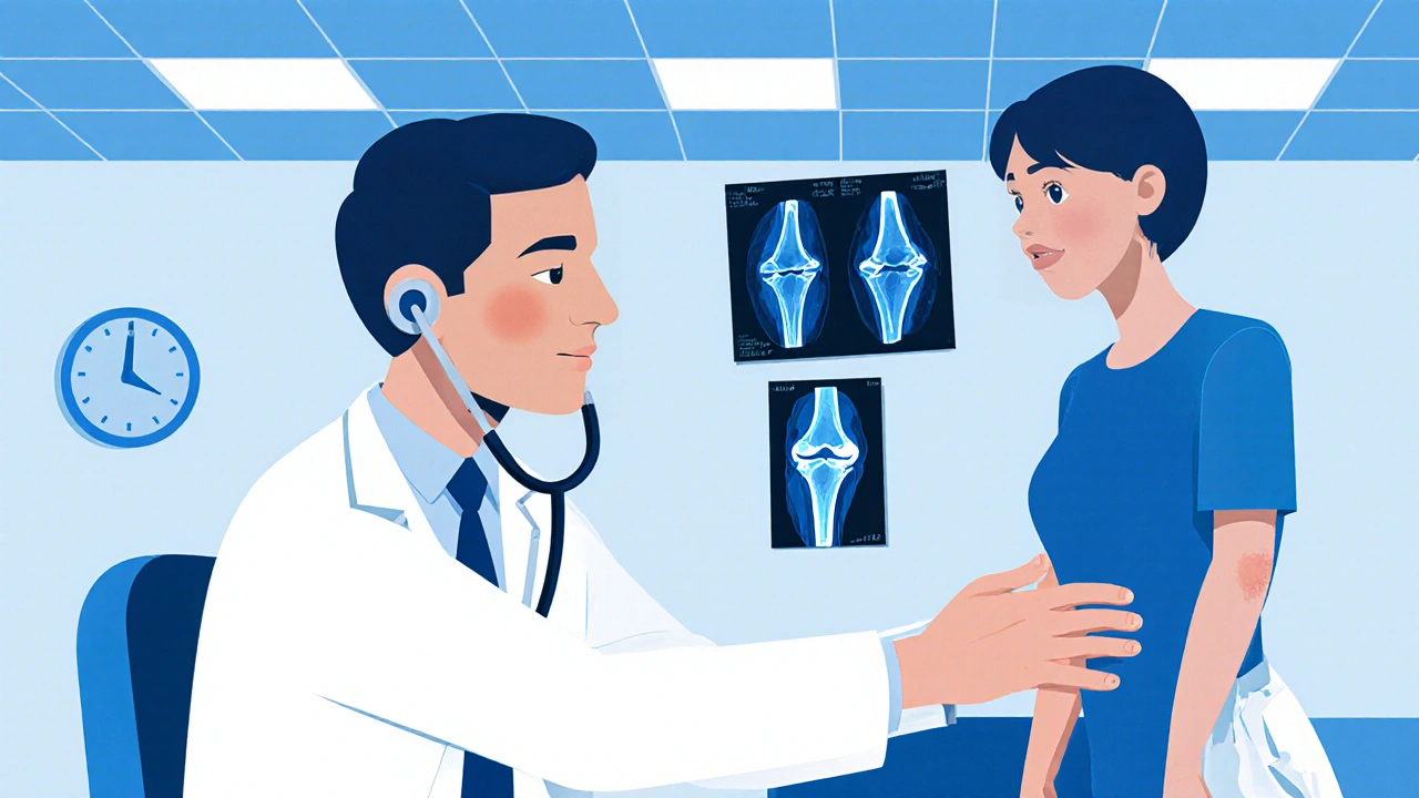 Médecin examinant le genou d'un patient, avec rayons X et IRM flottants.