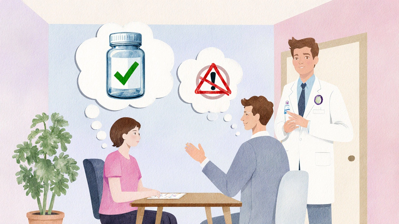 Médecin expliquant la sécurité du générique de Seroquel à un patient, mettant en avant l’authenticité.