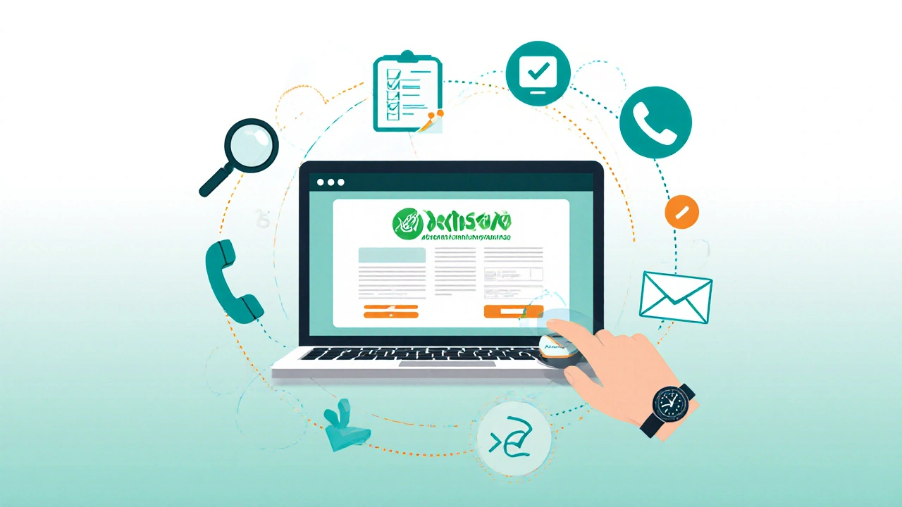 Ordinateur affichant un site de pharmacie en ligne avec le numéro ANSM, le logo e‑pharmacy et une checklist.
