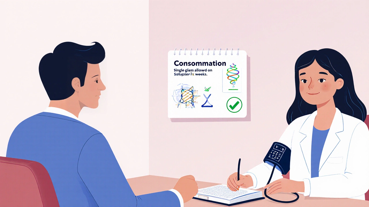 Patient et médecin discutent, journal, tensiomètre et calendrier indiquant consommation sécurisée.