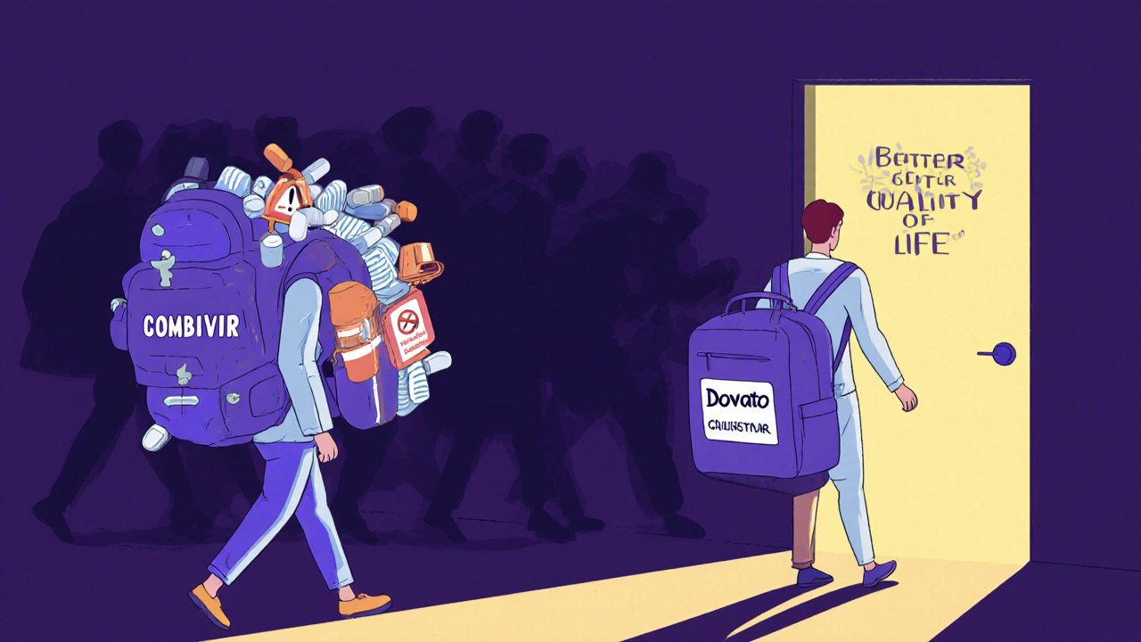 Patient qui abandonne un sac lourd de comprimés Combivir pour un sac léger Dovato en marchant vers la lumière.