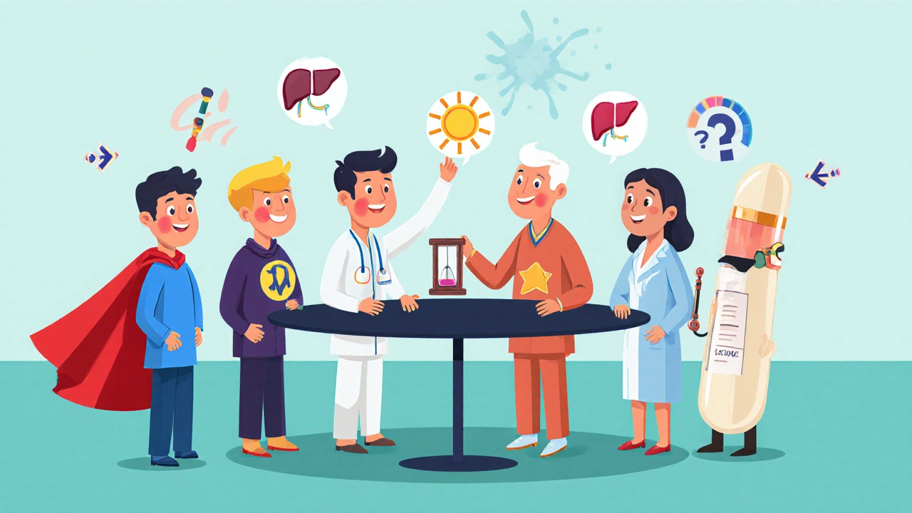 Personnages animés représentant six antibiotiques, chacun avec couleur et icône distinctes.