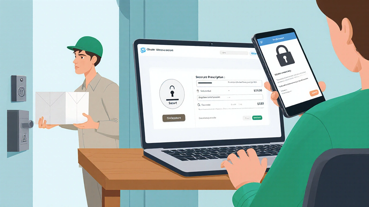 Personne commandant un médicament en ligne via un site sécurisé, avec livraison discrète à domicile.