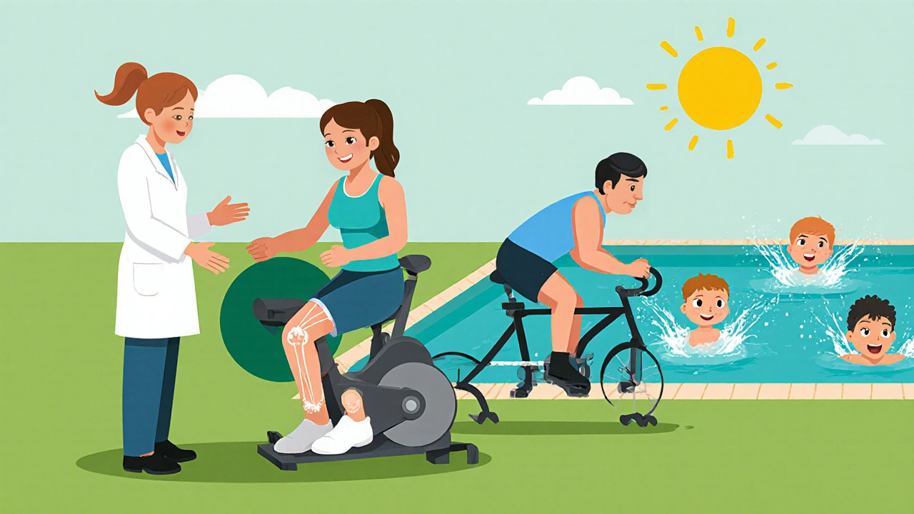 Personnes de différents âges pratiquant des exercices doux, guidées par un kinésithérapeute.