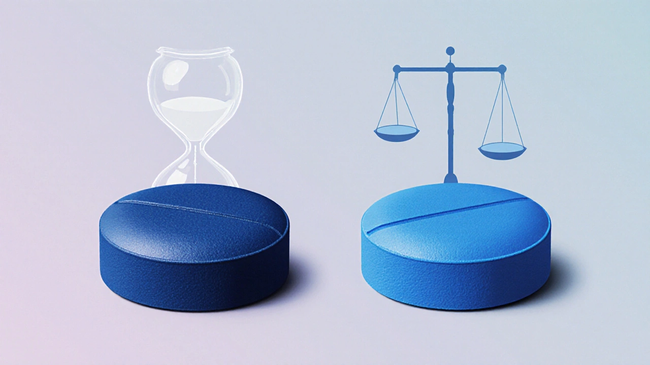 Pilule Viagra et générique sildenafil côte à côte, détaillées dans un style médical.