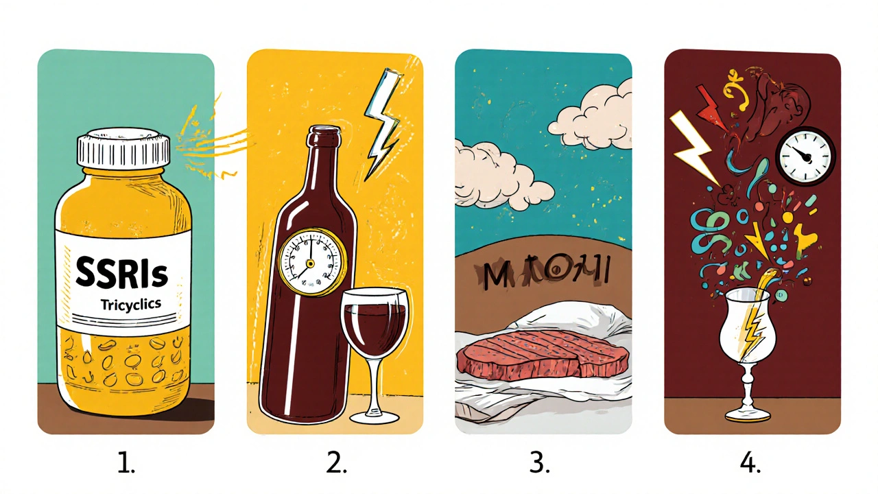 Quatre panneaux cartoon illustrant chaque classe d&#039;antidépresseur avec risques liés à l&#039;alcool.