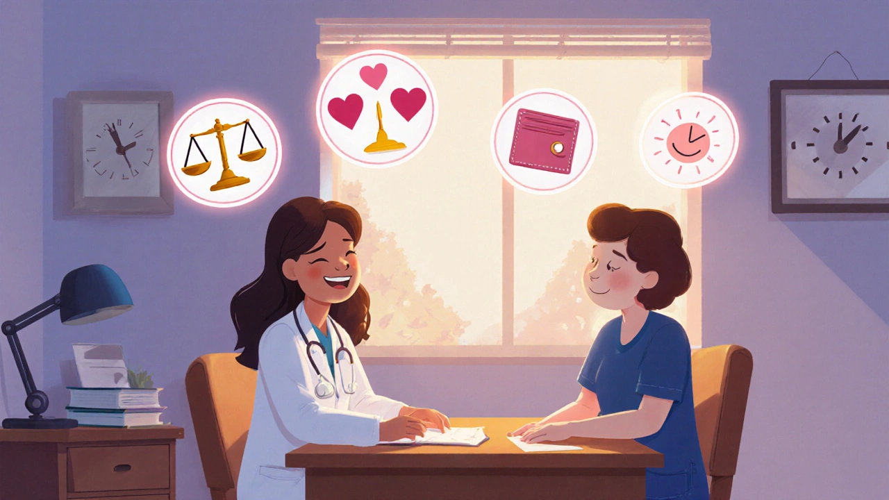 Scène cartoon d’un médecin et patient discutant, illustrant les critères de choix d’un antidépresseur.