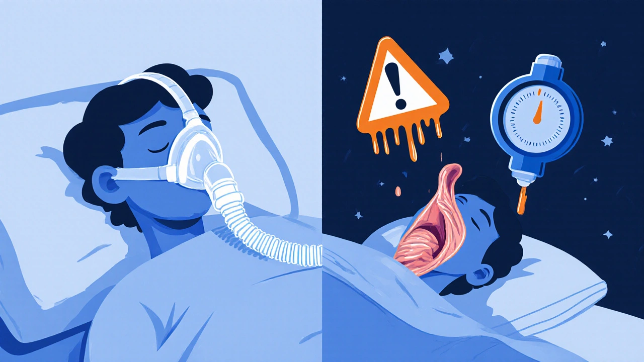 Scène comparant un patient avec et sans masque CPAP, montrant la différence entre une respiration stable et une obstruction nocturne.