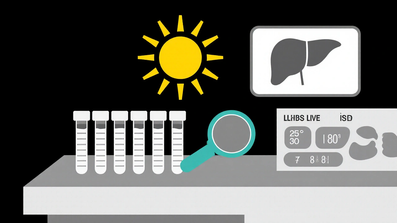Scène de laboratoire avec tubes sanguins, silhouette de foie et soleil pâle symbolisant la photosensibilité.