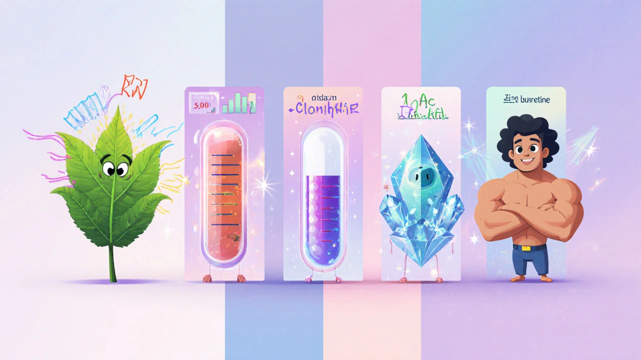 Scène divisée montrant cinq personnages caricaturaux représentant Speman, Clomiphène, gel de testostérone, zinc + sélénium et L‑carnitine, illustrant leurs effets.