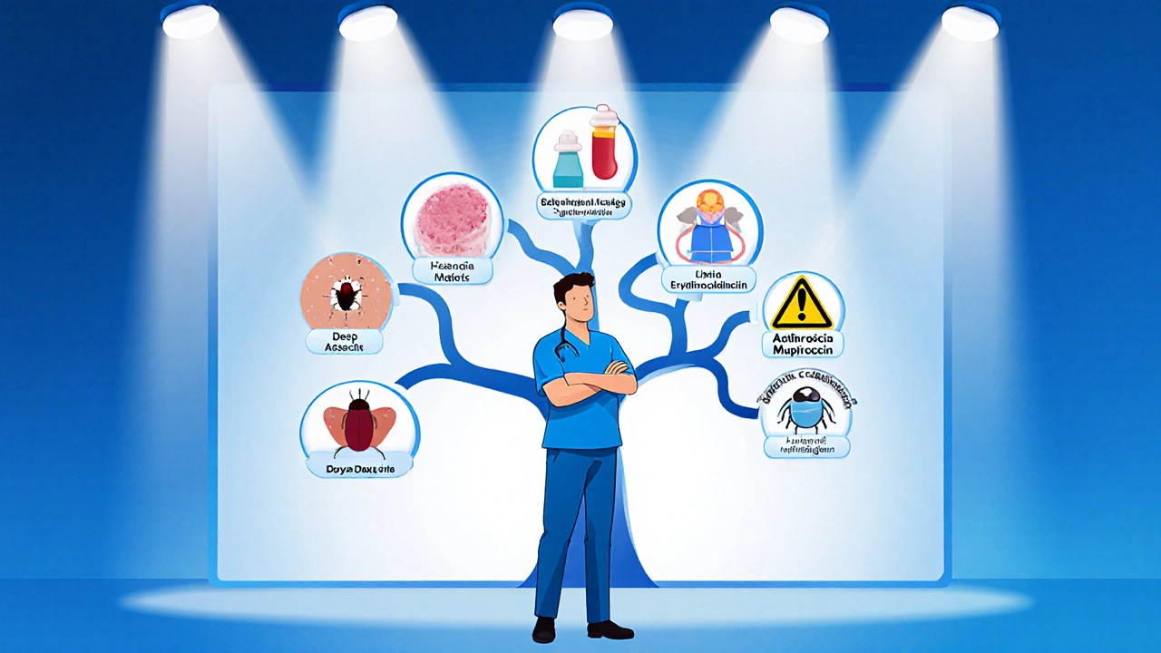 Scène illustrant un professionnel médical choisissant un antibiotique selon le type d’infection.