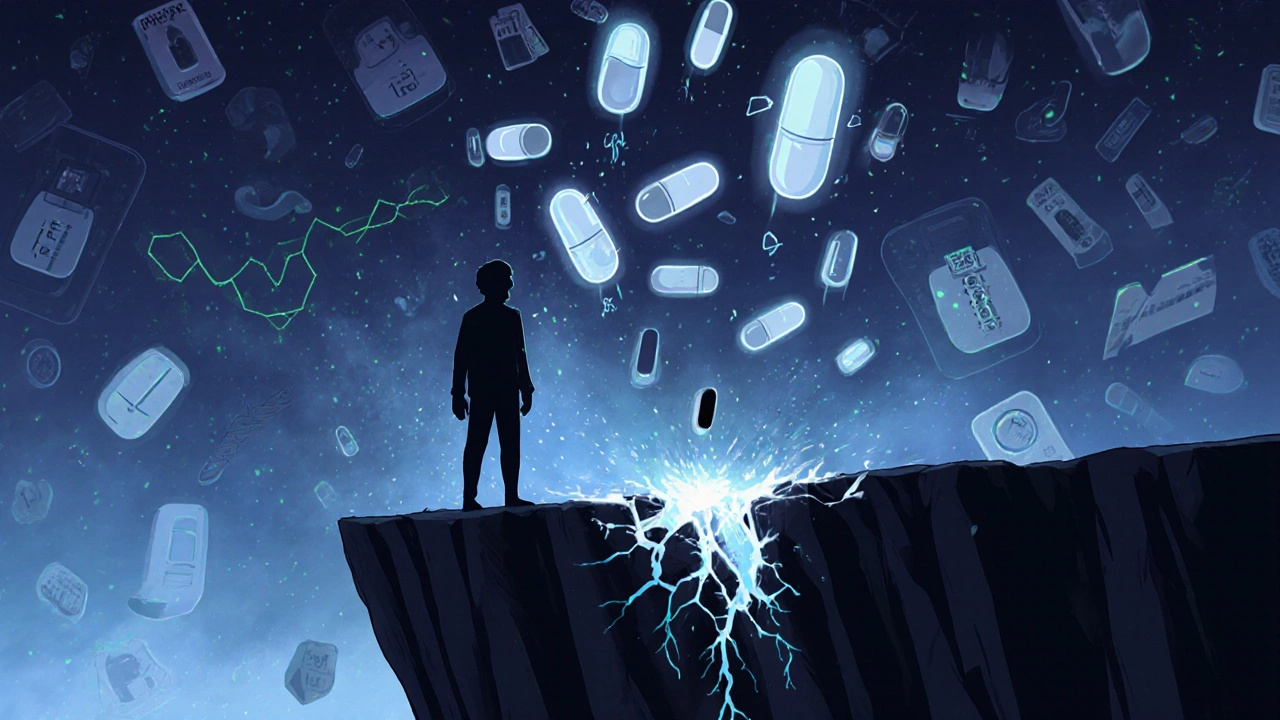 Silhouette humaine au bord d'une falaise d'oxygène qui s'effondre, sous une pluie de comprimés d'opioïdes, en style artistique sombre.