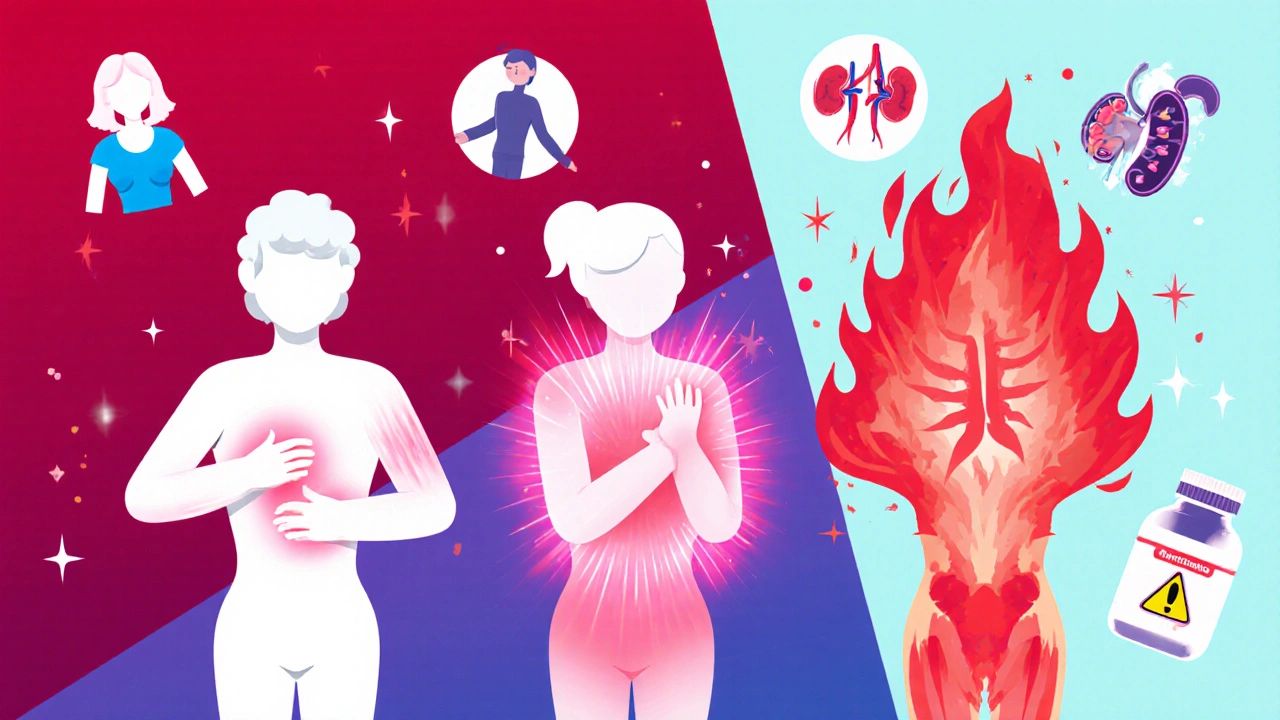 Silhouettes montrent myalgie, myopathie et rhabdomyolyse avec icônes de facteurs de risque.