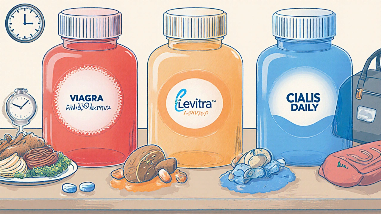 Trois bouteilles de médicaments pour la dysfonction érectile comparées sur une table avec repas, horloge et sac de sport.