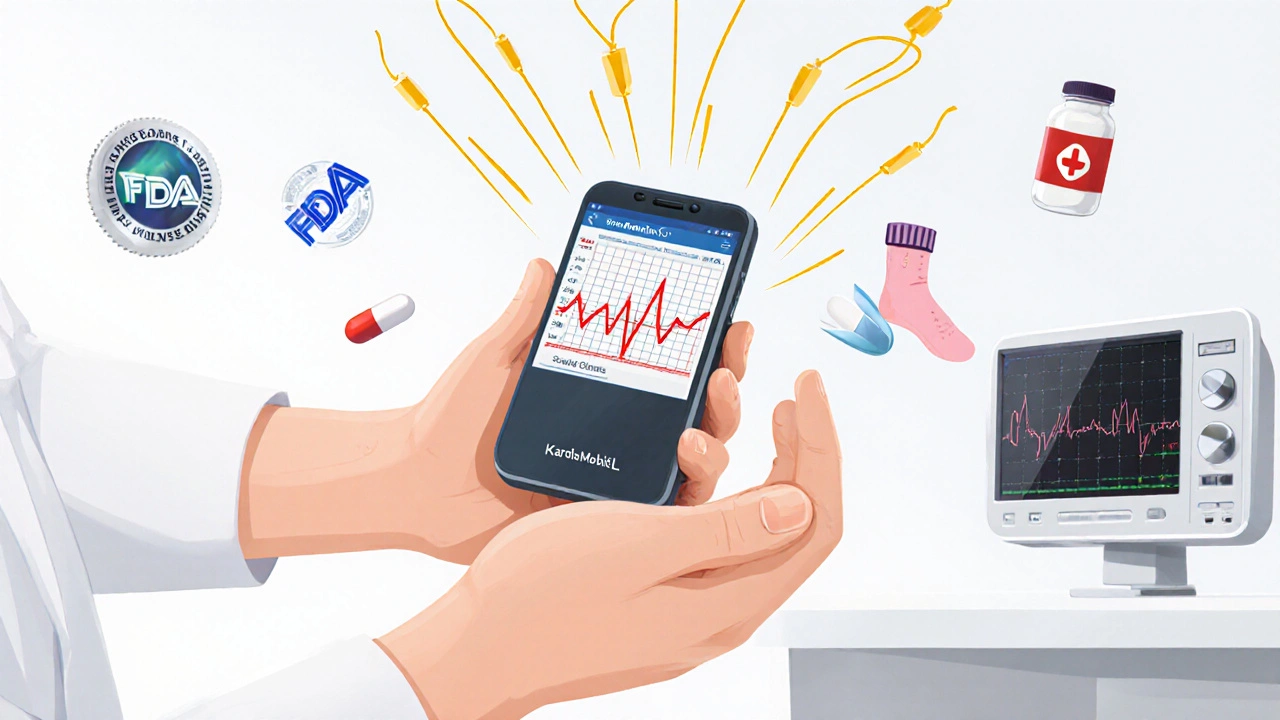 Appareil KardiaMobile 6L mesurant un intervalle QT critique avec des liens électriques visuels.