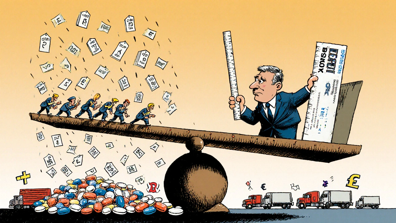 Balance symbolique entre la concurrence féroce des génériques aux États-Unis et la tarification centralisée en Europe.