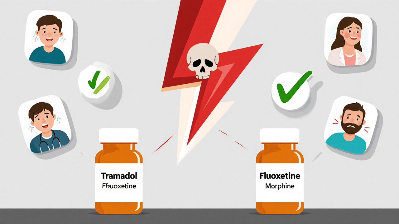 Bouteilles de médicaments à la pharmacie : tramadol et fluoxétine en danger, morphine en sécurité avec un symbole vert.
