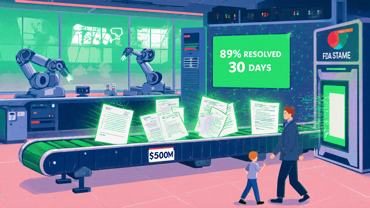 Chaîne de production automatisée de la FDA avec des dossiers médicamenteux passant sous des scanners IA, pour les fabricants américains.