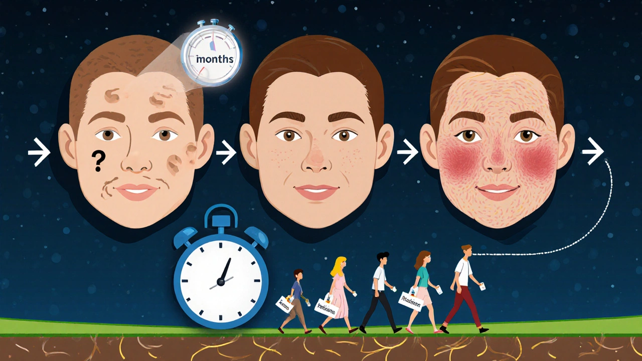 Chronologie de la peau sur 12 mois : de l&#039;aspect terne à une peau lumineuse avec des fibres de collagène brillantes.