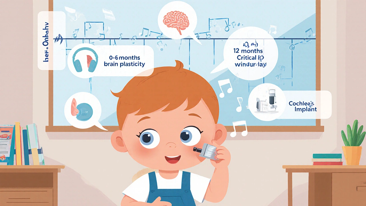 Enfant en classe avec des bulles de parole et une ligne du temps des étapes auditives.