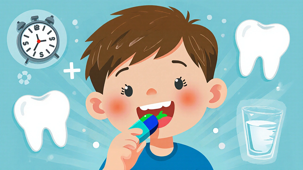 Enfant en train de mâcher un comprimé qui change de couleur, avec des icônes visuelles montrant le processus de dégradation.