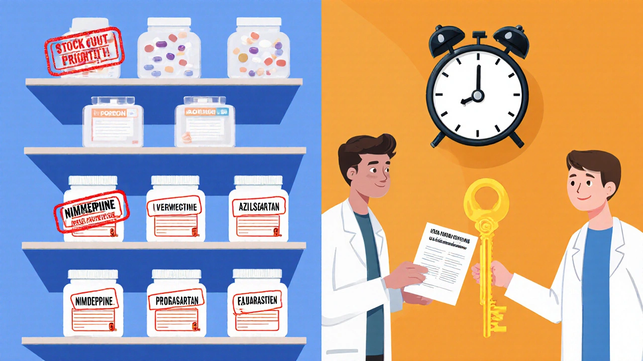 Étagère de pharmacie vide à gauche, pleine à droite, avec un horloge indiquant un délai d&#039;approbation accéléré.