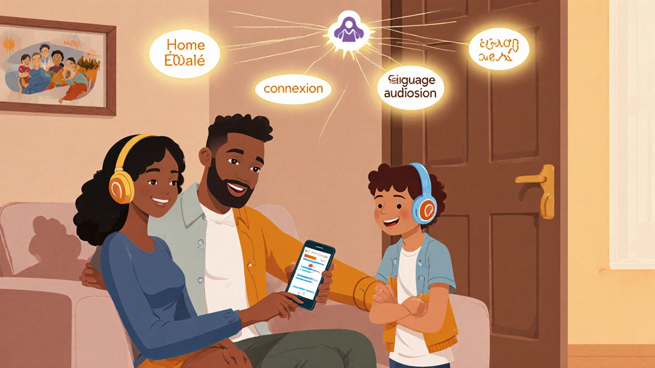 Famille à la maison utilisant une application de dépistage auditif à domicile.