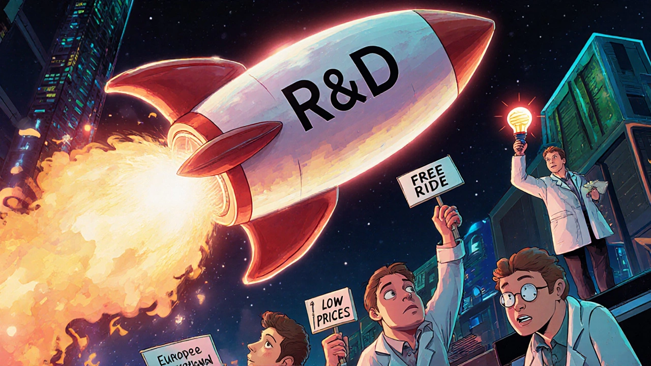 Fusée de recherche pharmaceutique lancée des États-Unis, tirant profit des prix bas européens pour financer l'innovation.