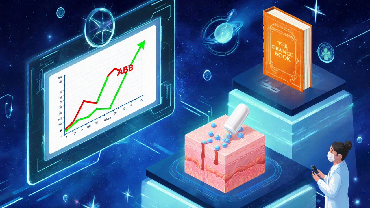 Laboratoire de la FDA avec écrans holographiques analysant l&#039;équivalence thérapeutique de médicaments complexes.