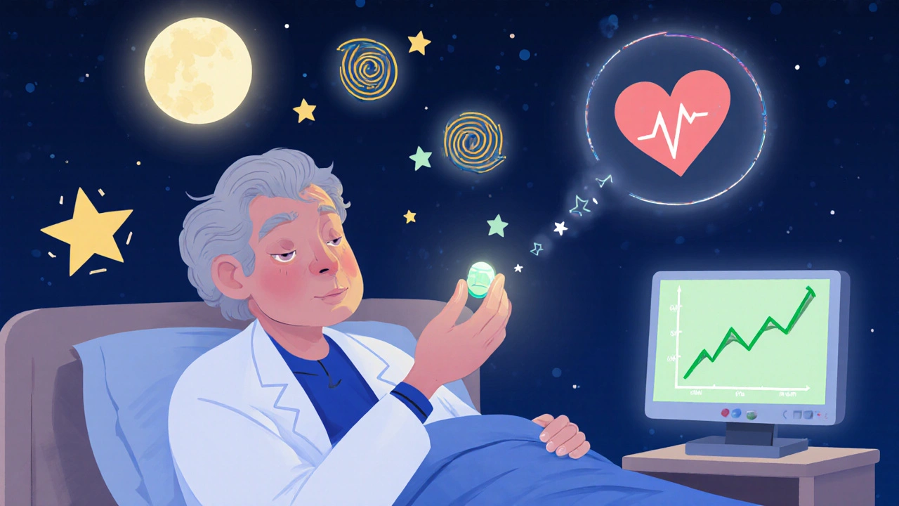 Médecin offrant une pilule de prazosin à un patient âgé au lit, avec des symboles de vertiges transformés en paix.