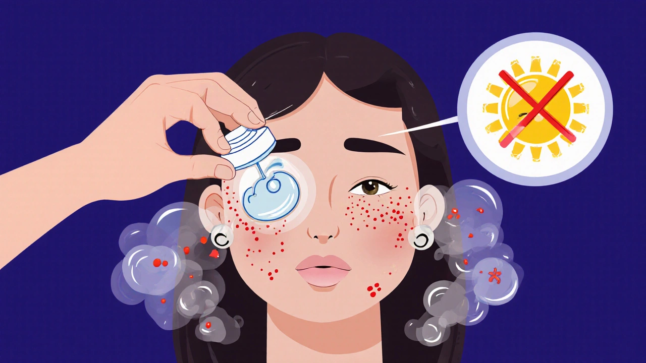 Méthode en sandwich pour appliquer un rétinoïde : crème, produit, crème, avec des boutons qui s&#039;échappent et un soleil barré.