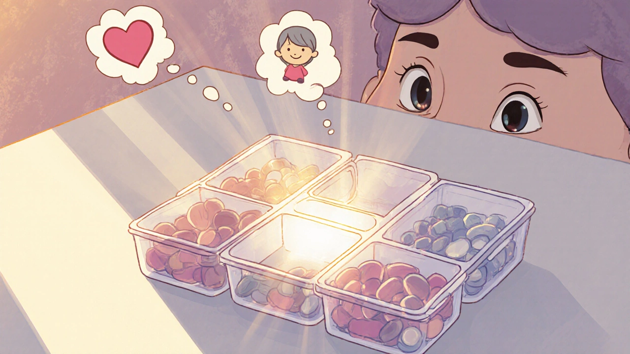 Organisateur de pilules hebdomadaire avec une case vide qui brille doucement, sur un comptoir de cuisine.