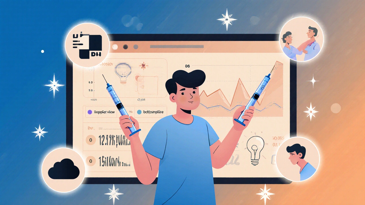 Patient avec deux stylos d&#039;injection, entouré d&#039;icônes représentant la peur, l&#039;éducation et la confiance.