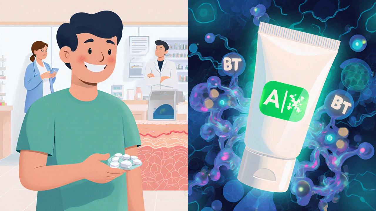 Patient reçoit un médicament avec code A à gauche, crème avec code BT à droite, médecins en arrière-plan.