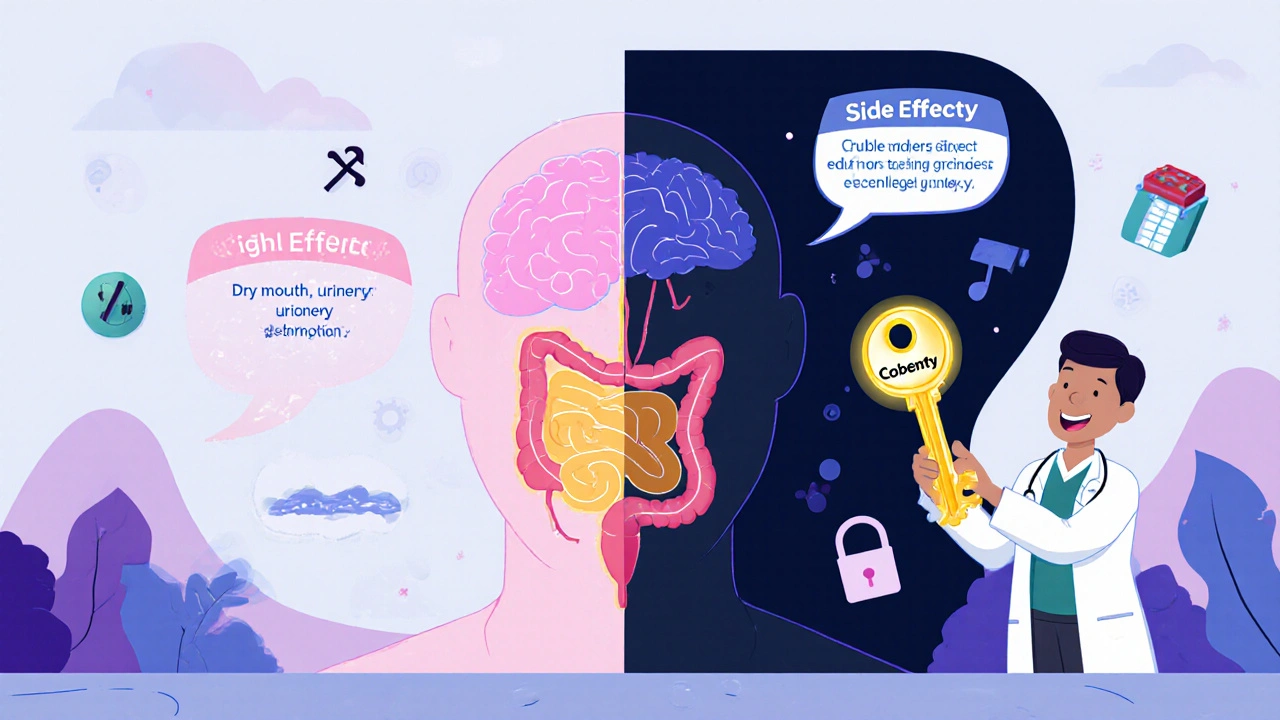 Personne divisée entre santé et effets secondaires de Cobenfy, avec une clé de formation médicale ouvrant une porte vers l&#039;équilibre.