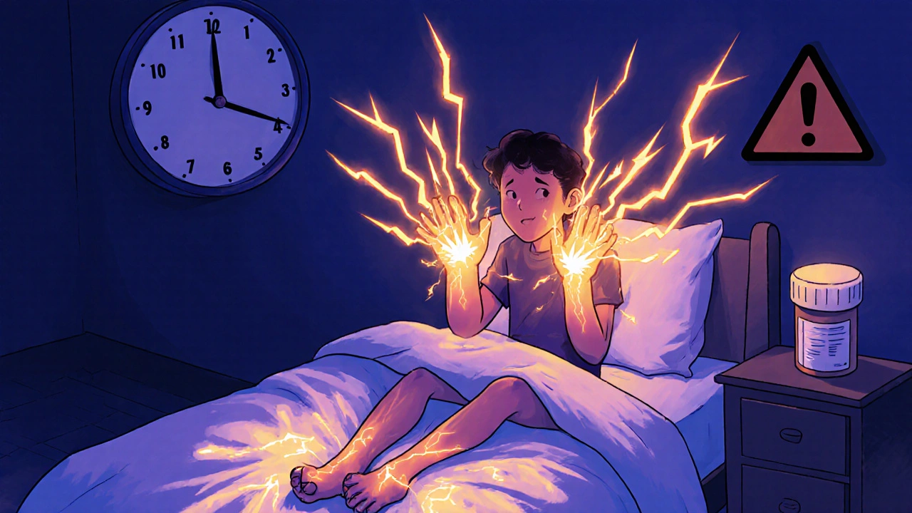 Personne la nuit, souffrant de douleurs nerveuses aux mains et aux pieds, avec des décharges électriques visibles.