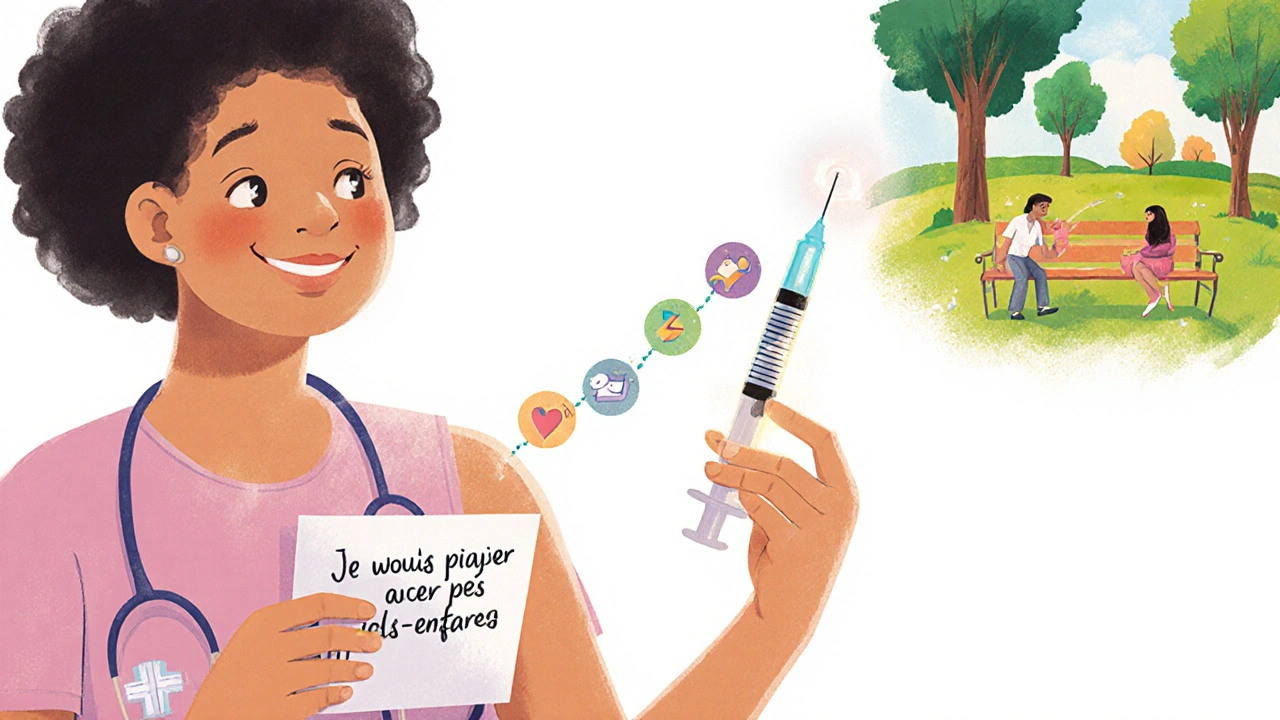 Personne recevant une injection mensuelle, transformée en symboles de liberté et de vie active.