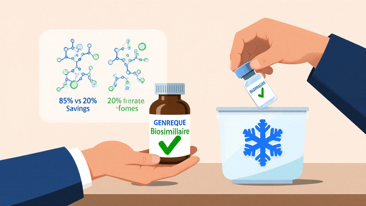 Pharmacie montrant un générique et un biosimilaire, avec des icônes de coût et de conservation.
