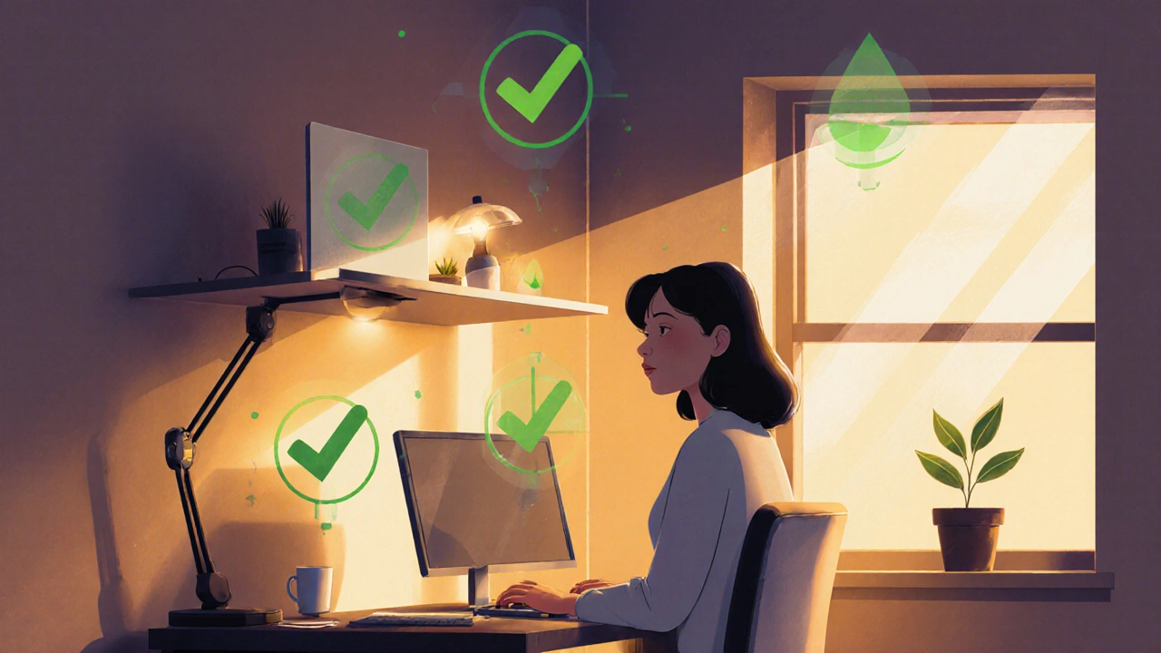 Poste de travail ergonomique avec écran à bonne hauteur, lampe latérale et personne en pause, entourée de symboles de bien-être.